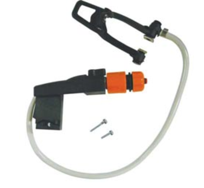 Pump kit with hose, nozzle, and screws on a white background