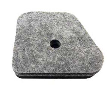 Square-shaped gray felt filter with a central hole on a white background